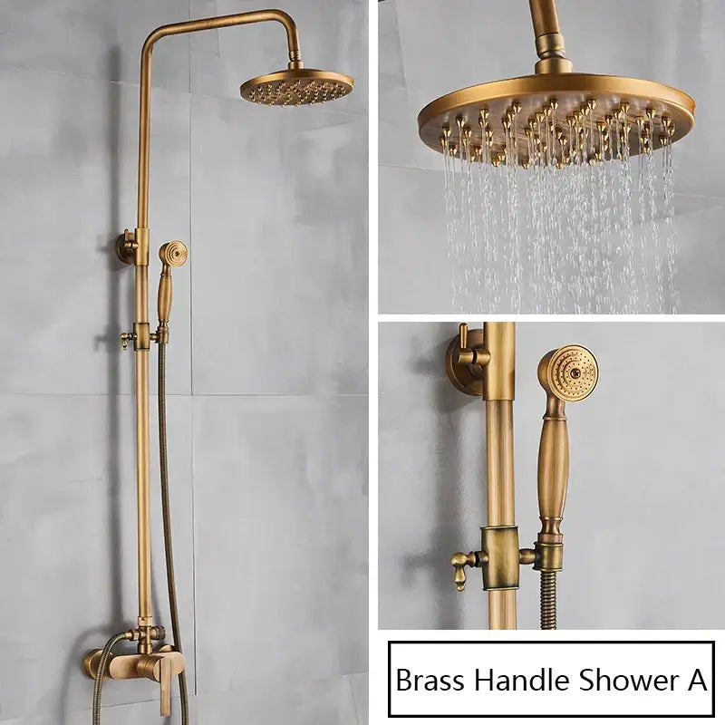 Antique brass shower set with rainhead and handshower featuring brass antique decorbites finish and ornate detailing