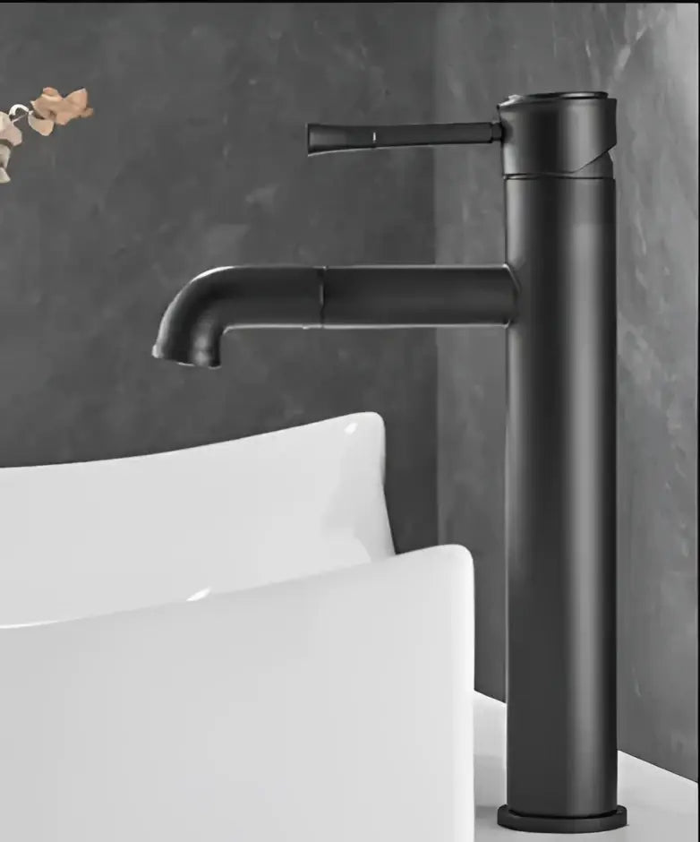 Black matte finish basin faucet with sleek cylindrical body and horizontal handle for decorbites bronze basin faucet