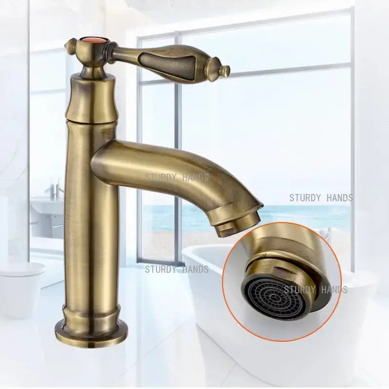 Antique brass single handle bathroom faucet with classic ornate design and integrated aerator for sink fixture