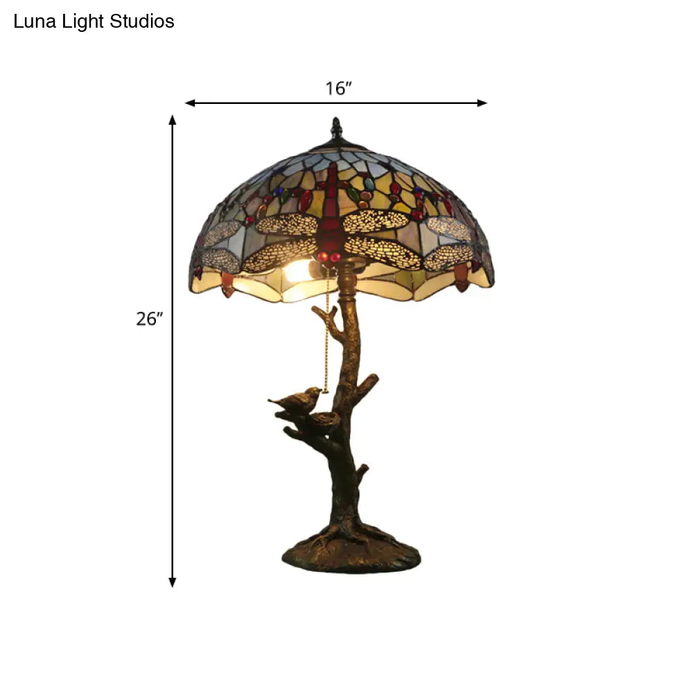 Lámpara de noche antigua de latón con una luz, diseño victoriano y rosa de vidrieras, libélula y motivo de cama.