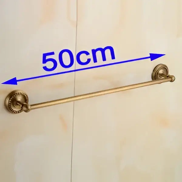 Antique brass single towel bar with ornate circular ends and 50cm length for elegant bathroom decor