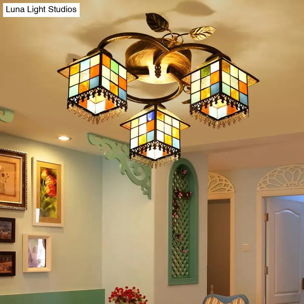 Lámpara de techo DecorBites™ de latón antiguo con vitral - Cubo semiempotrado con decoración de hojas, estilo Tiffany