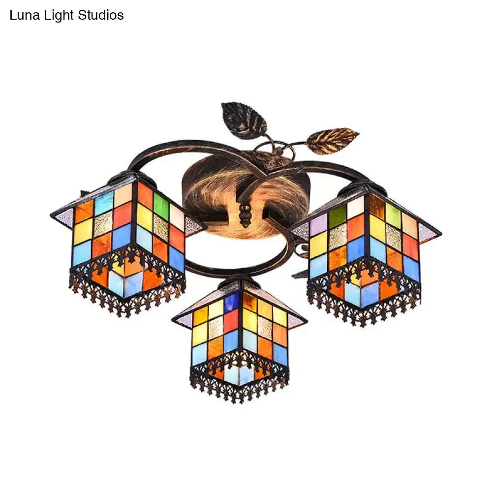 Lámpara de techo DecorBites™ de latón antiguo con vitral - Cubo semiempotrado con decoración de hojas, estilo Tiffany