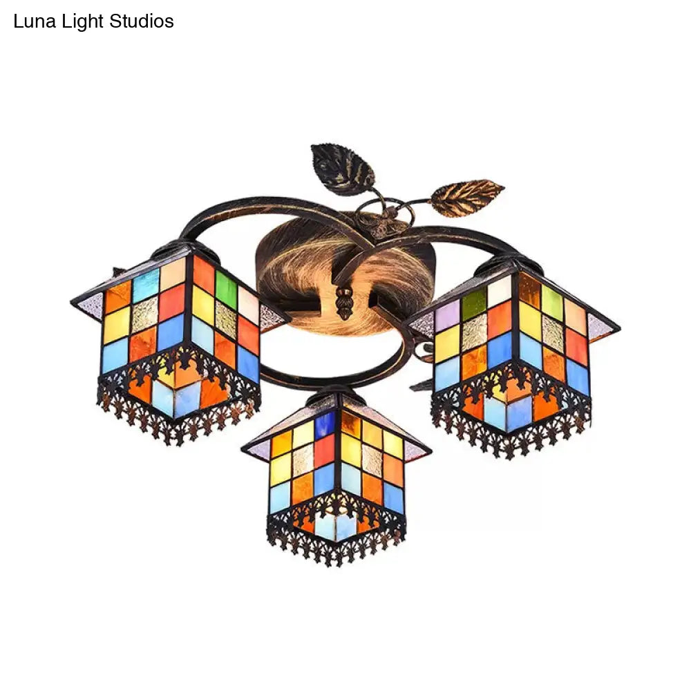 Lámpara de techo DecorBites™ de latón antiguo con vitral - Cubo semiempotrado con decoración de hojas, estilo Tiffany