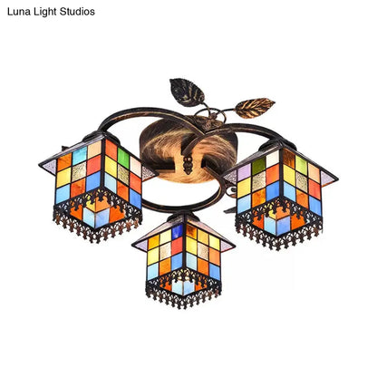 Lámpara de techo DecorBites™ de latón antiguo con vitral - Cubo semiempotrado con decoración de hojas, estilo Tiffany