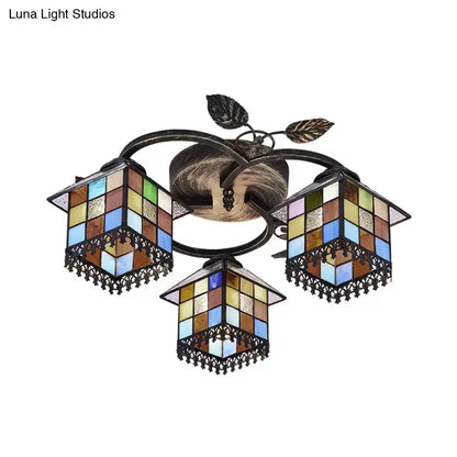 Lámpara de techo DecorBites™ de latón antiguo con vitral - Cubo semiempotrado con decoración de hojas, estilo Tiffany