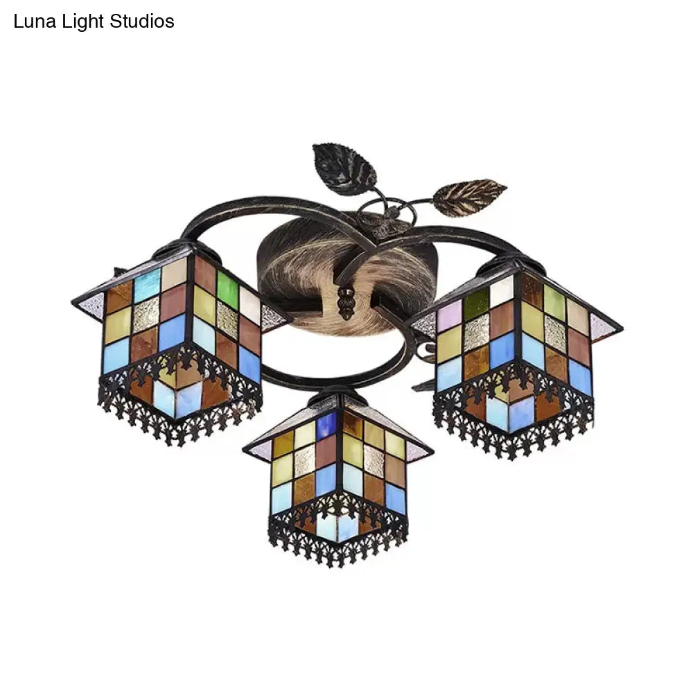 Lámpara de techo DecorBites™ de latón antiguo con vitral - Cubo semiempotrado con decoración de hojas, estilo Tiffany