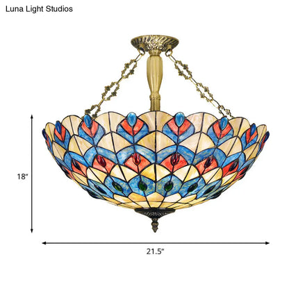 Antique Brass Stained Glass Tiffany Ceiling Light with Jeweled Semi Flush Mount - 4 Lights