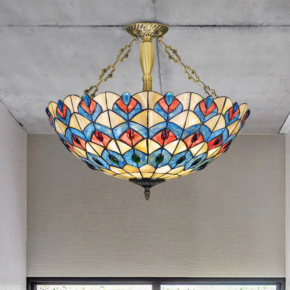 Antique Brass Stained Glass Tiffany Ceiling Light with Jeweled Semi Flush Mount - 4 Lights