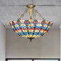 Antique Brass Stained Glass Tiffany Ceiling Light with Jeweled Semi Flush Mount - 4 Lights