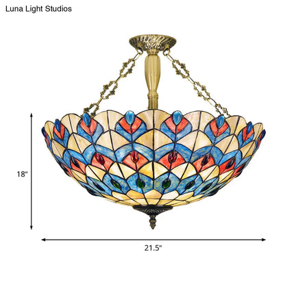 Antique Brass Stained Glass Tiffany Ceiling Light with Jeweled Semi Flush Mount - 4 Lights