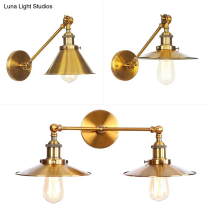 DecorBites™ Antique Brass Wall Lamp with Dual Head and Adjustable Joint - Iron Horn/Scalloped/Cone Shade Included