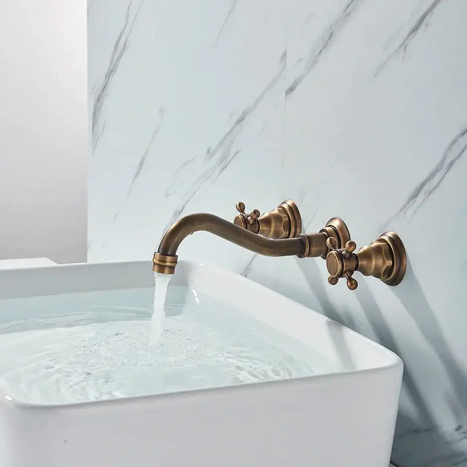 Antique brass wall mounted black basin faucet with curved spout and cross-handle knobs for bathroom mixer decorbites black basin faucet