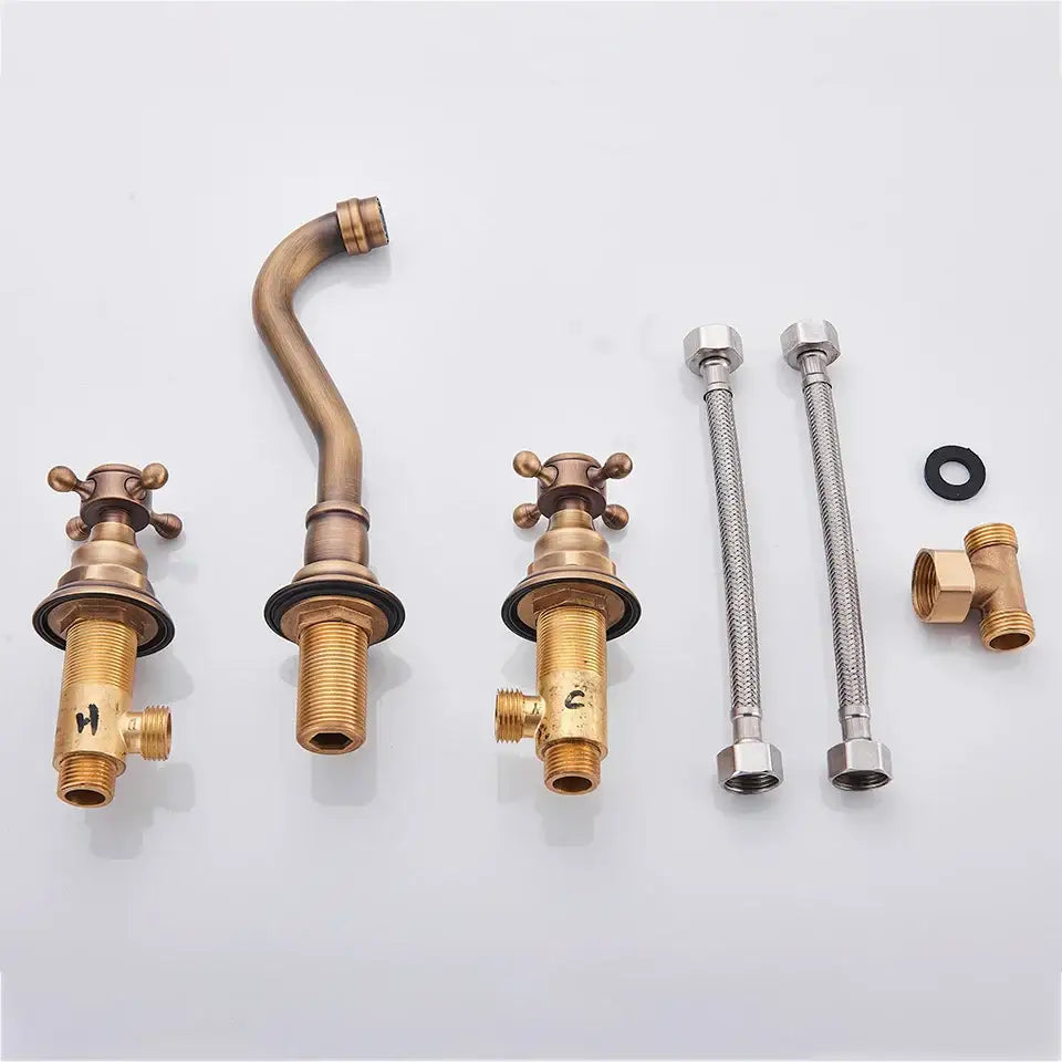 Antique brass wall mounted black basin faucet with cross-handle valves and flexible metal hoses for bathroom use