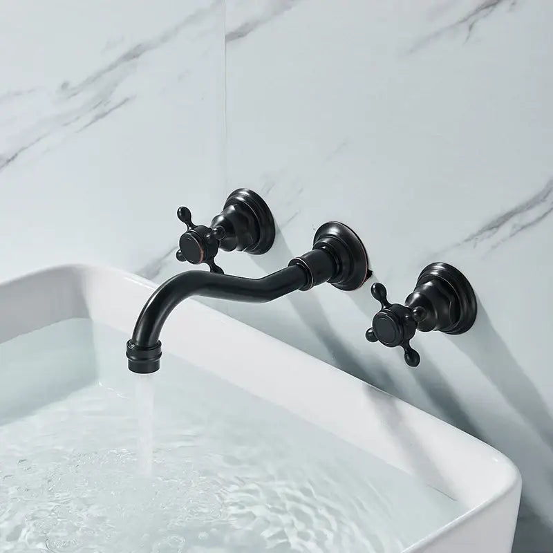 Antique brass wall mounted black basin faucet with cross handles and curved spout for bathroom decorbites black basin