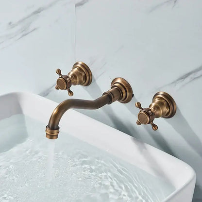 Antique brass wall mounted black basin faucet with two cross-handle knobs and curved spout for bathroom decorbites black basin