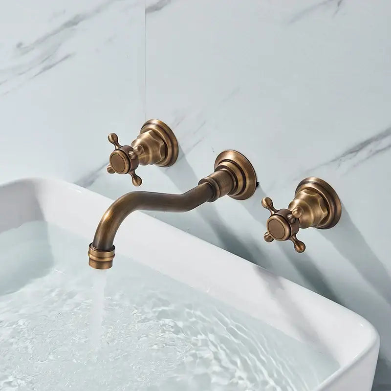 Antique brass wall mounted black basin faucet with two cross-handle knobs and curved spout for bathroom decorbites black basin