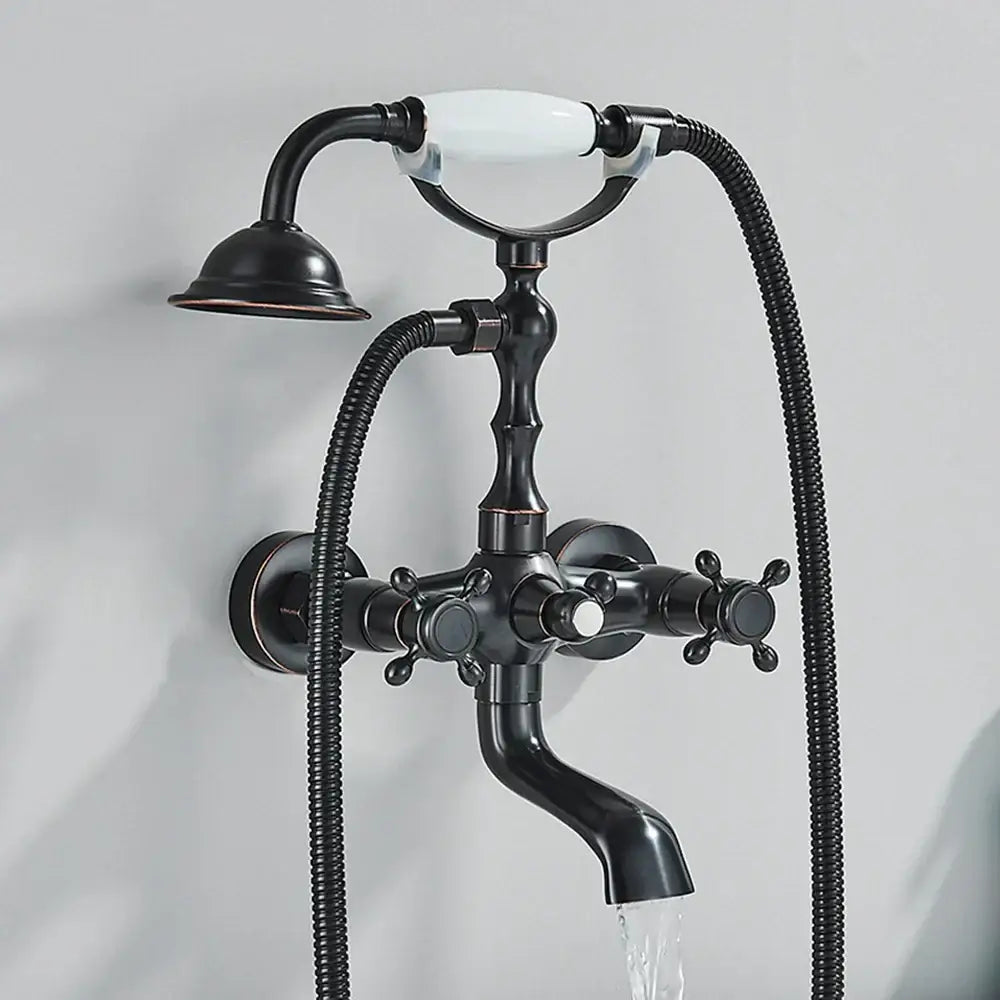Antique brass and white dual handle bathtub faucet with ceramic handles and two flexible shower hoses decorbites dual handle