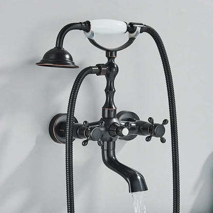Antique brass and white dual handle bathtub faucet with ceramic handles and two flexible shower hoses decorbites dual handle