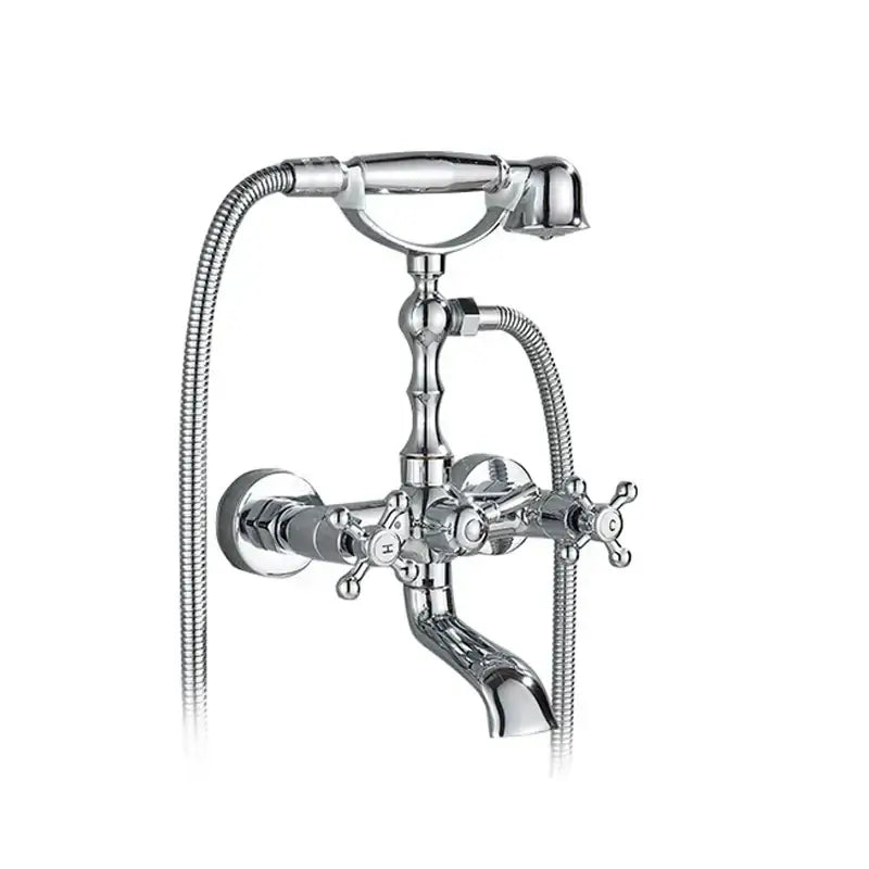 Chrome-finished vintage-style bathtub faucet with dual handle cross knobs and handheld showerhead for decorbites dual handle setup
