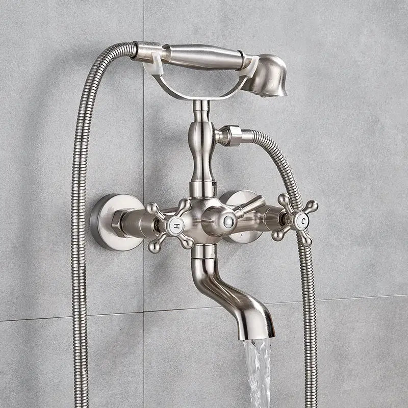Brushed stainless steel bathtub faucet with cross handles and handheld showerhead decorbites dual handle design