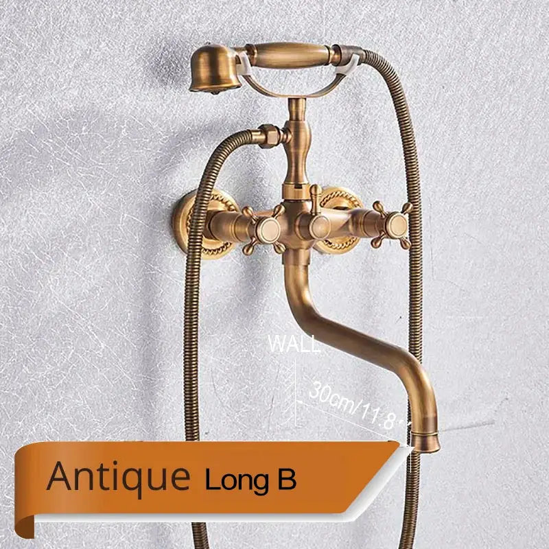 Antique brass dual handle bathtub faucet with long spout and handheld showerhead for bathroom decorbites dual handle design