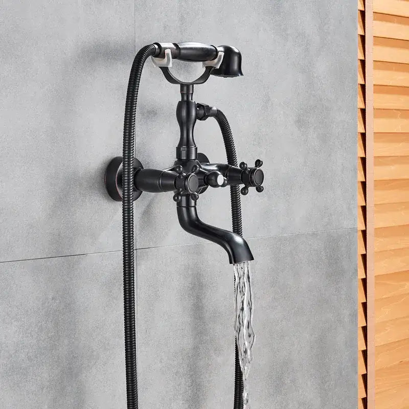 Black matte dual handle bathtub faucet with handheld showerhead and flexible hoses for decorbites dual handle bath use