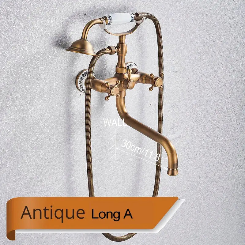 Antique brass and white dual handle bathtub faucet with ceramic knobs and porcelain accents by decorbites