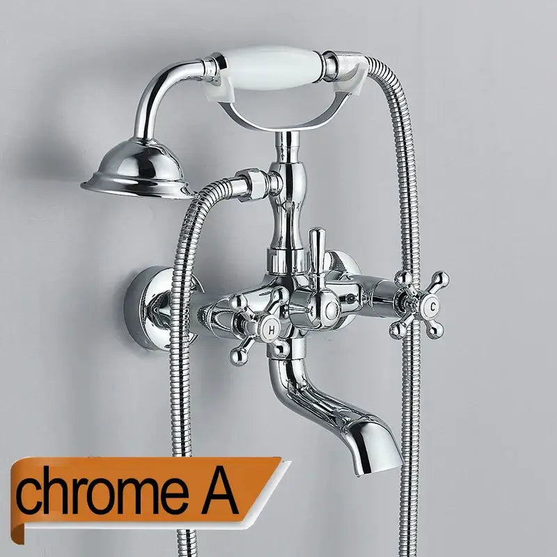 Chrome finished vintage-style decorbites dual handle bathtub faucet with white ceramic handles and flexible shower hose