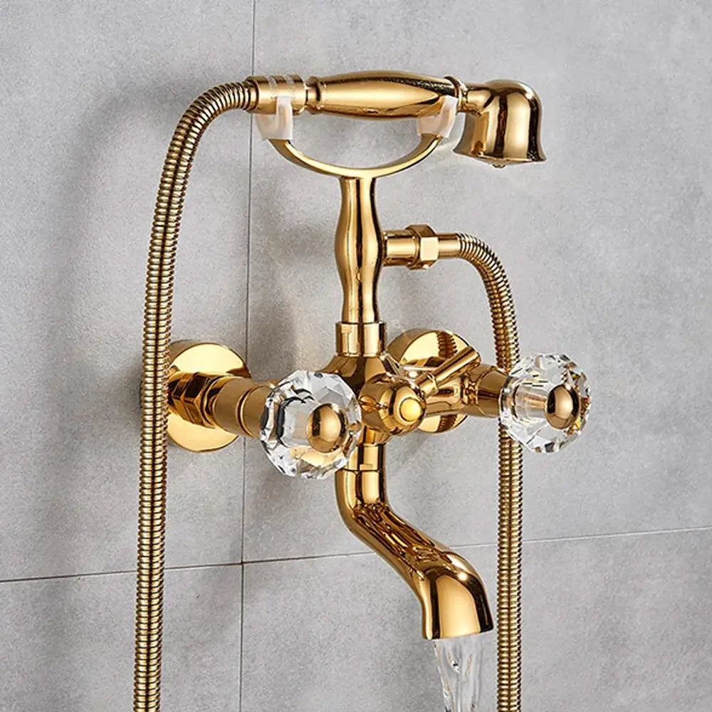 Antique brass and white decorbites dual handle bathtub faucet with gold finish crystal knobs and handheld showerhead