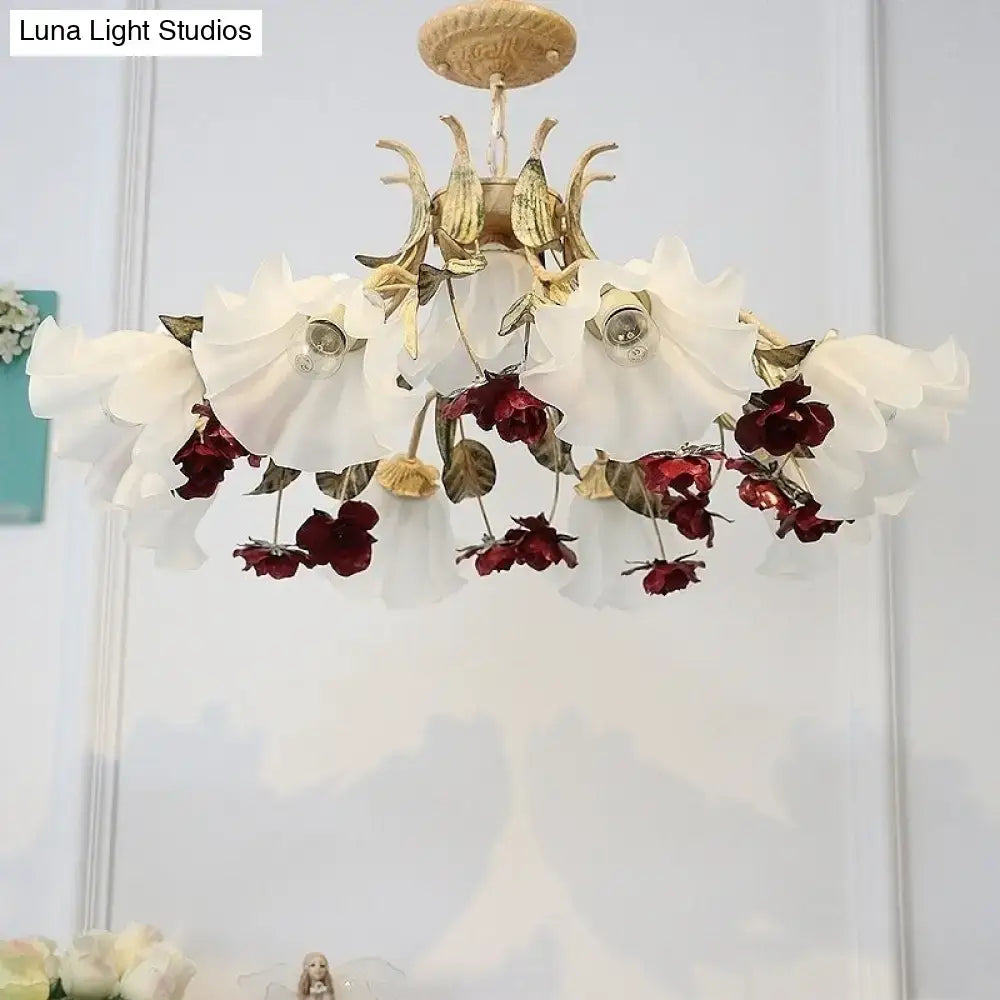 Elegant DecorBites™ Pastoral red floral glass chandelier with white flowers and gold accents for living room ceiling lighting