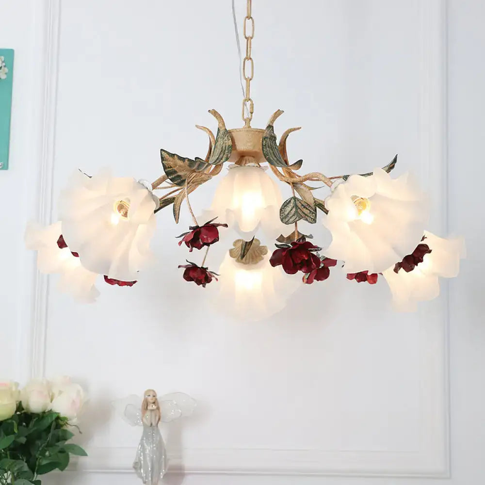 Decorbites™ pastoral red floral glass chandelier with gold-toned frame for elegant living room ceiling lighting