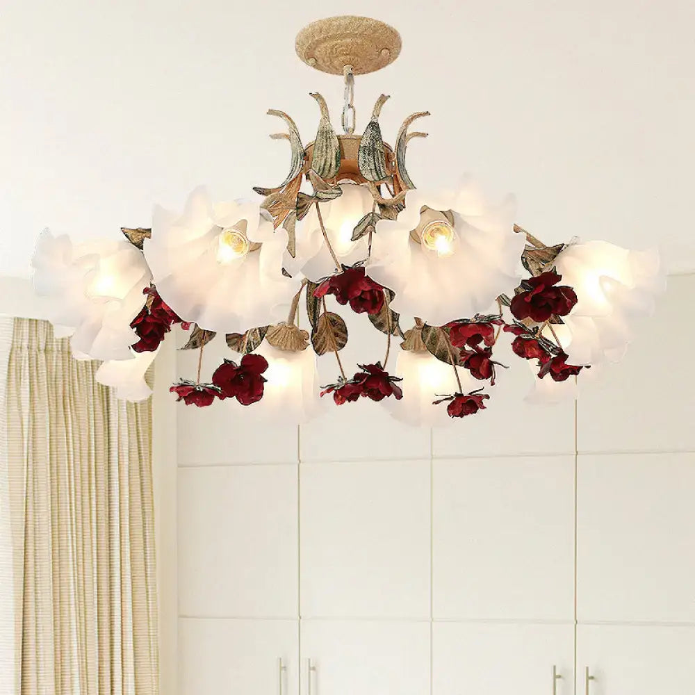 DecorBites™ Pastoral red floral glass chandelier with white and deep red shades and brass mount for living room ceiling lighting