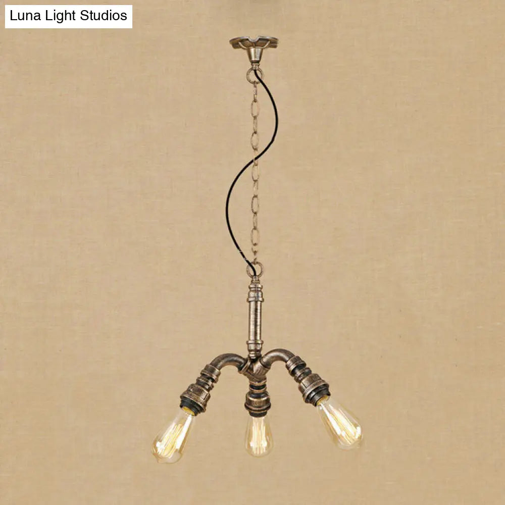 Lámpara de araña de bronce antiguo con 3 luces y bombillas abiertas - Lámpara colgante de estilo rústico con elegante diseño de tubería