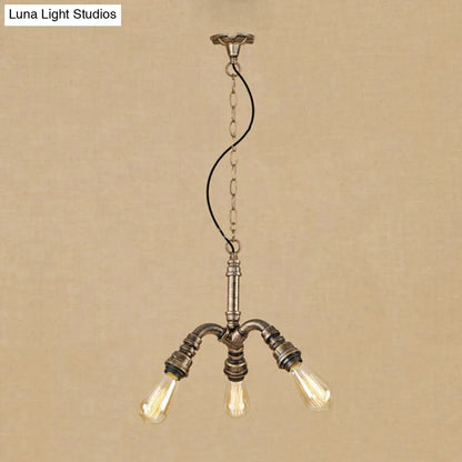 Lámpara de araña de bronce antiguo con 3 luces y bombillas abiertas - Lámpara colgante de estilo rústico con elegante diseño de tubería