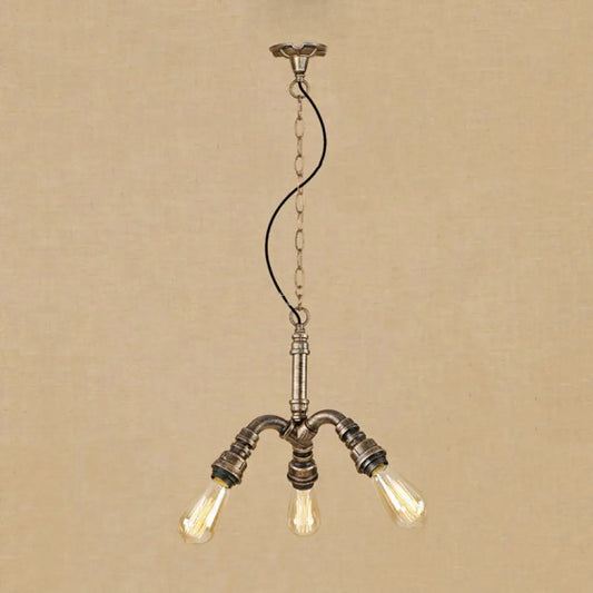 Lámpara de araña de bronce antiguo con 3 luces y bombillas abiertas - Lámpara colgante de estilo rústico con elegante diseño de tubería