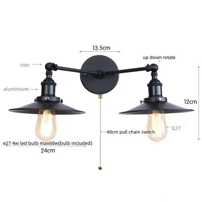 Black industrial-style wall lamp with two adjustable rustic led arms and vintage edison bulbs for bedroom decorbites