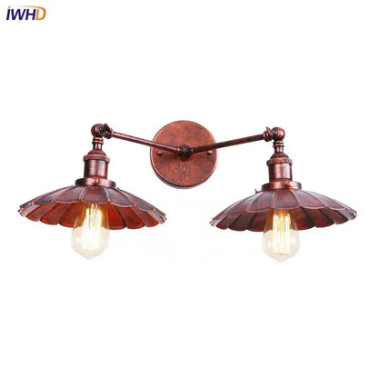 Antique bronze adjustable rustic led wall lamp with two fluted shades and exposed edison bulbs for bedroom decorbites