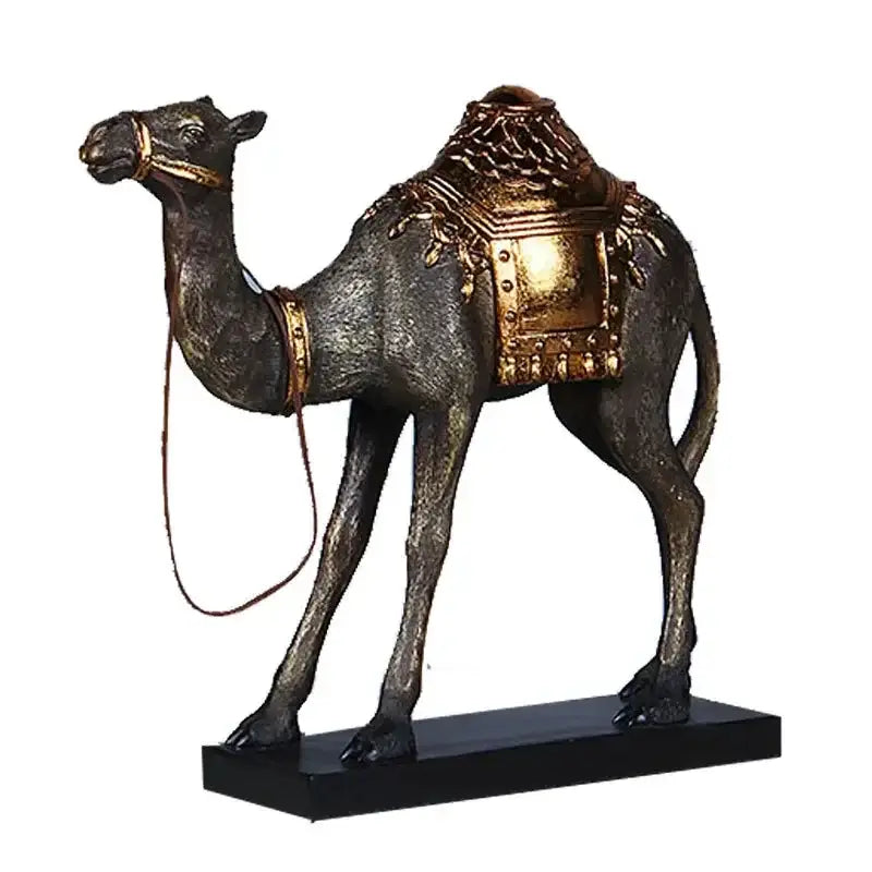 Bronze and gold-plated decorbites camel dromedary indian style sculpture with intricate saddle on black base for living room decor