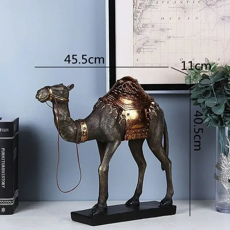 Antique bronze and gold decorbites camel dromedary sculpture with intricate saddle on black base for living room decor