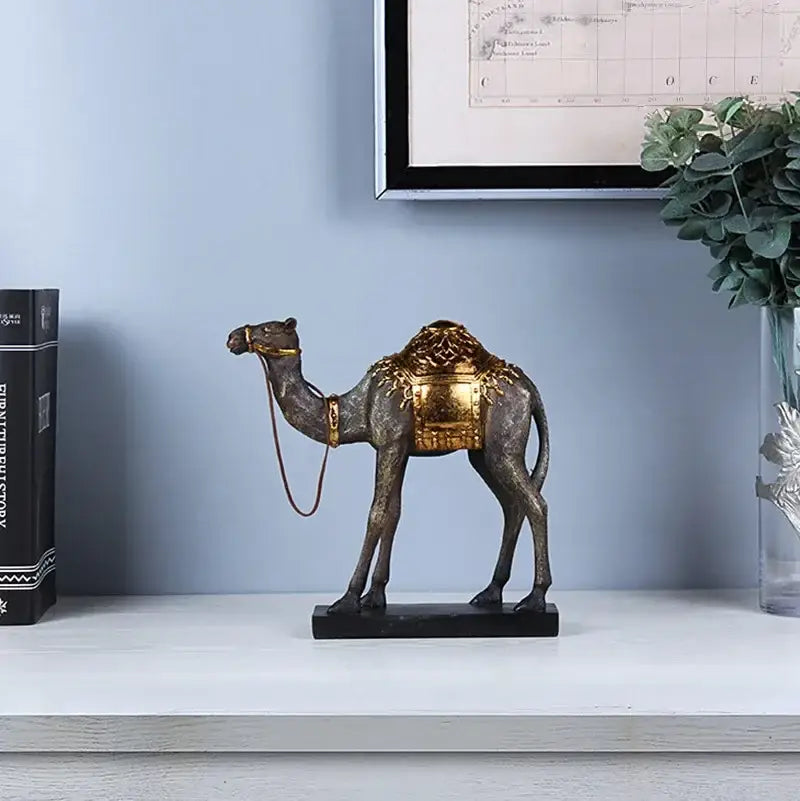 Antique bronze and gold camel dromedary indian style sculpture with intricate detailing on black base for living room decorbites camel dromedary
