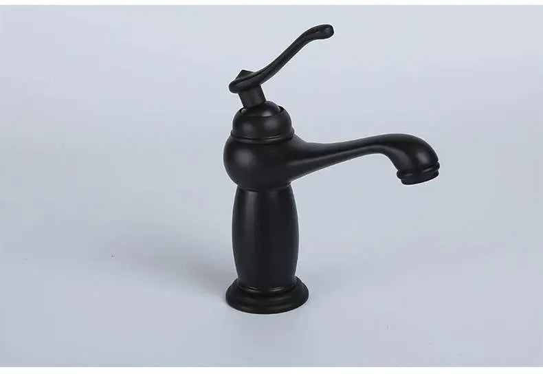 Decorbites™ antique bronze single handle bathroom faucet with curved spout and real shot details in black matte finish