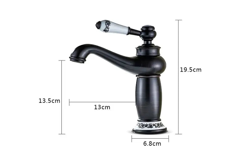 Decorbites™ antique bronze bathroom faucet single handle mixer with black matte finish and white ceramic handle real shot details