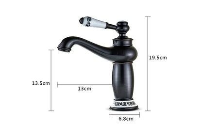 Decorbites™ antique bronze bathroom faucet single handle mixer with black matte finish and white ceramic handle real shot details