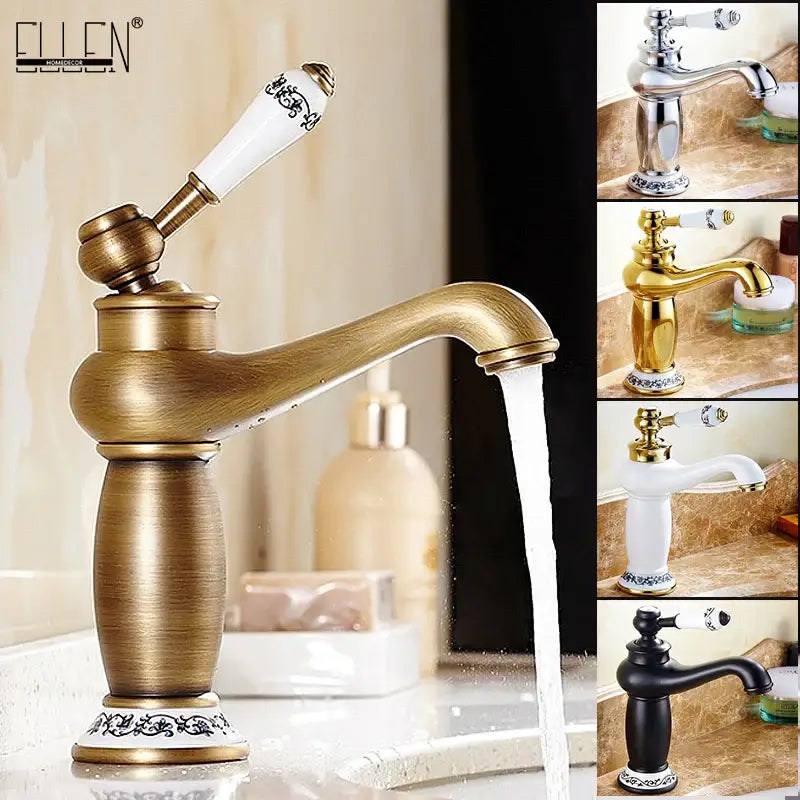 Antique bronze decorbites single handle bathroom faucet with brass finish and white ceramic handle with black detailing real shot details