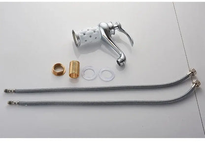 DecorBites™ single handle antique bronze bathroom faucet with chrome finish white ceramic aerator and flexible hoses real shot details