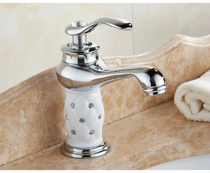 Decorbites antique bronze single handle bathroom faucet with chrome finish white ceramic base and real shot details