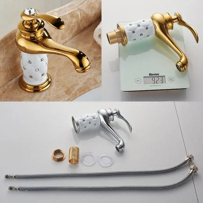 DecorBites antique bronze single handle bathroom faucet with gold finish and white ceramic base with embedded crystals real shot details