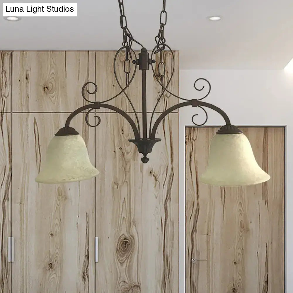 Antique bronze wrought iron dining room bell island pendant with two cream glass bell shades and two bulbs