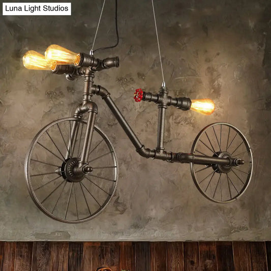 Lámpara colgante de bicicleta en bronce antiguo - Aplique de techo interior de 3 luces con diseño de tubería